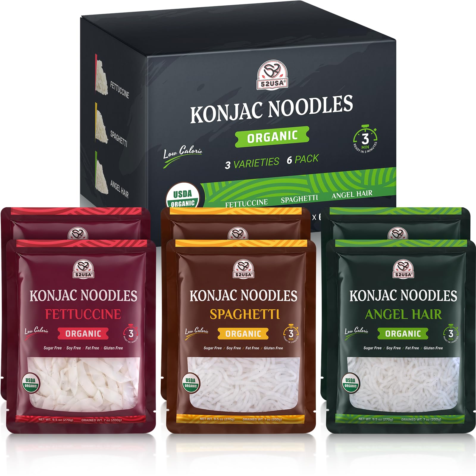 52usa paquete frontal de shirataki konjac mostrando el sello USDA Organic y beneficios