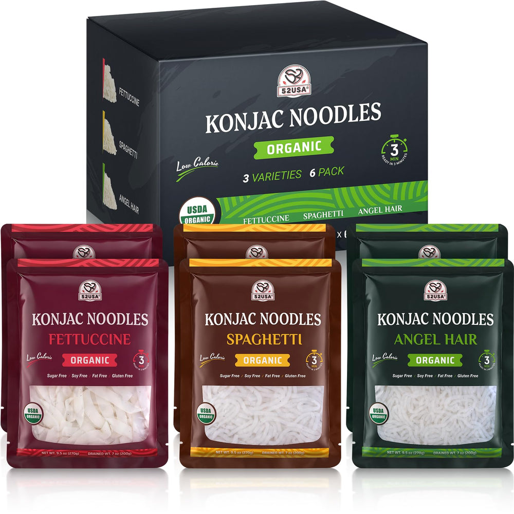 52usa paquete frontal de shirataki konjac mostrando el sello USDA Organic y beneficios