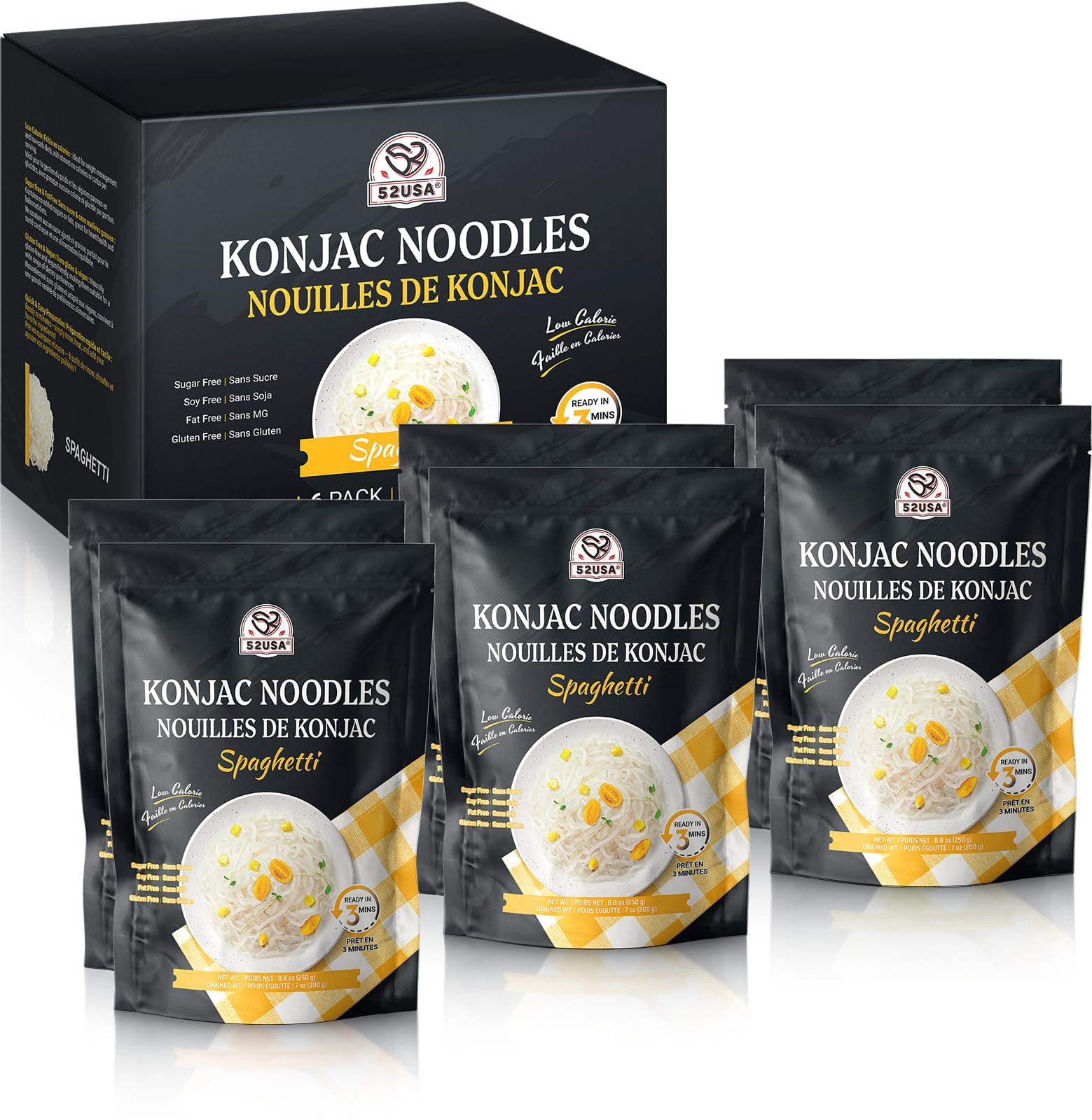 52USA paquete frontal de spaghetti konjac mostrando porciones prácticas