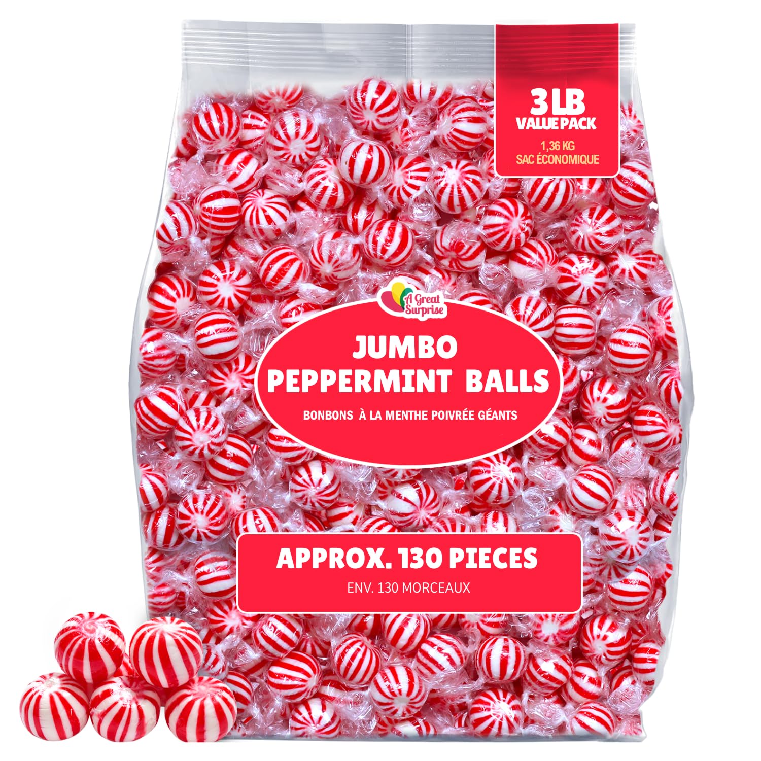 A Great Surprise bolsa frontal mostrando 3 lb y envoltorios individuales, facilita almacenamiento