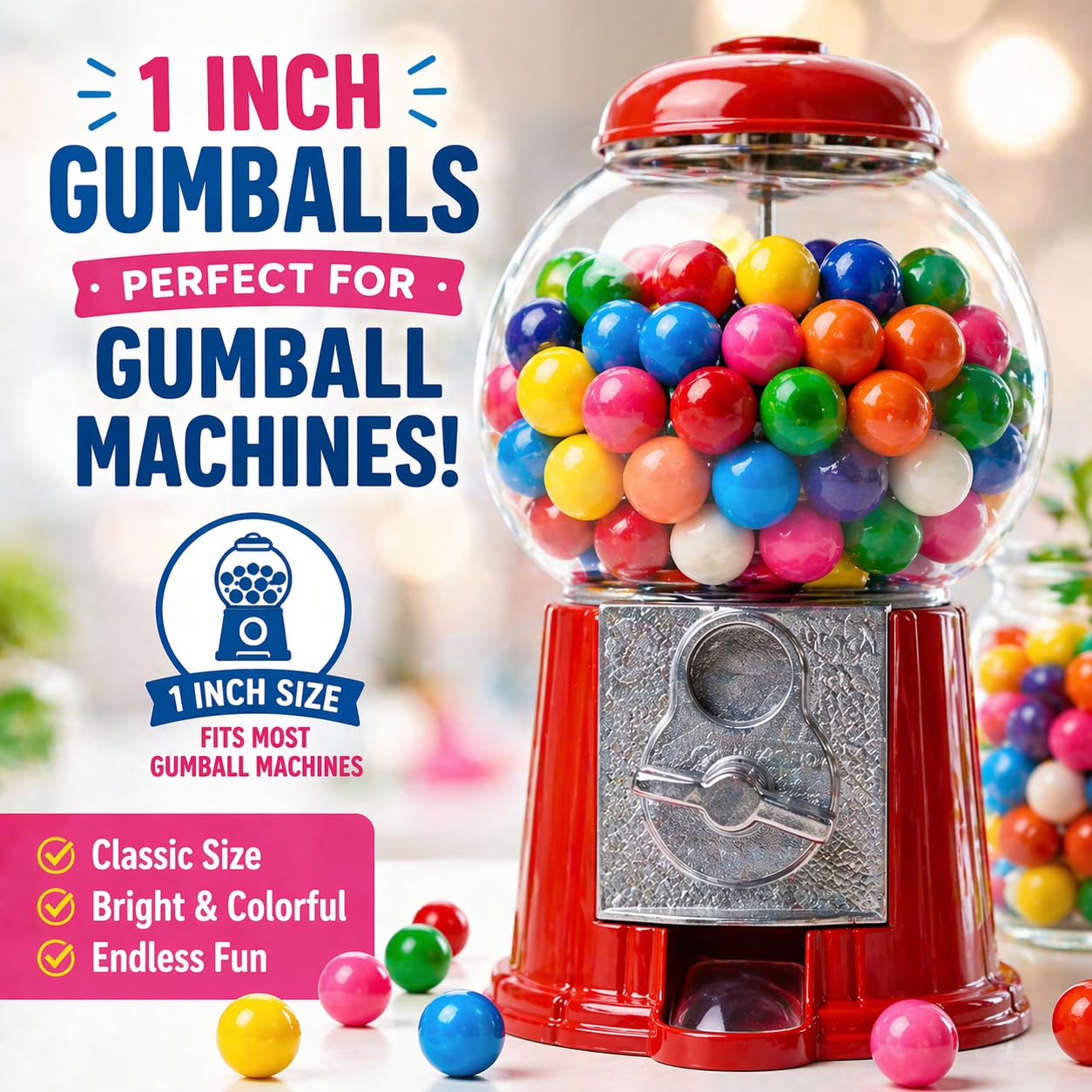 A Great Surprise gumball en mano para comparar tamaño 1 pulgada, referencia visual clara