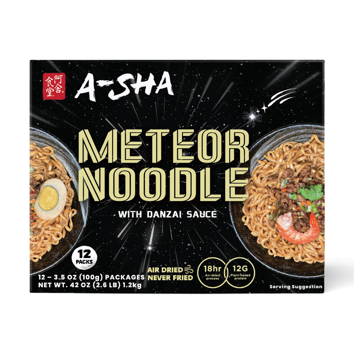 A-SHA paquete frontal Meteor Noodles Danzai mostrando etiqueta y cantidad
