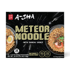 A-SHA paquete frontal Meteor Noodles Danzai mostrando etiqueta y cantidad