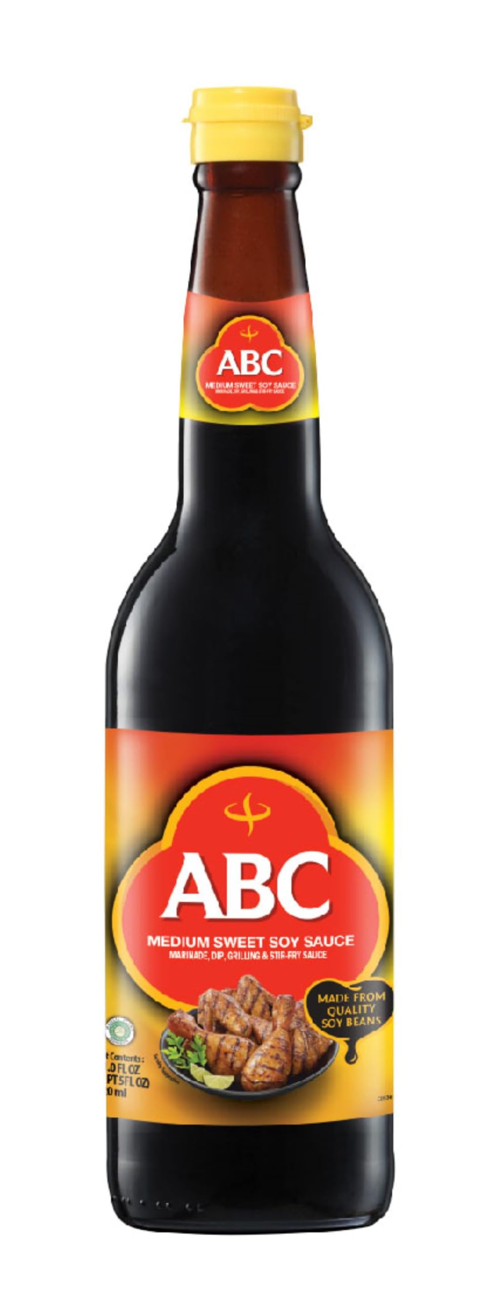 ABC salsa de soja dulce vista frontal y botella elegante, aporta sabor