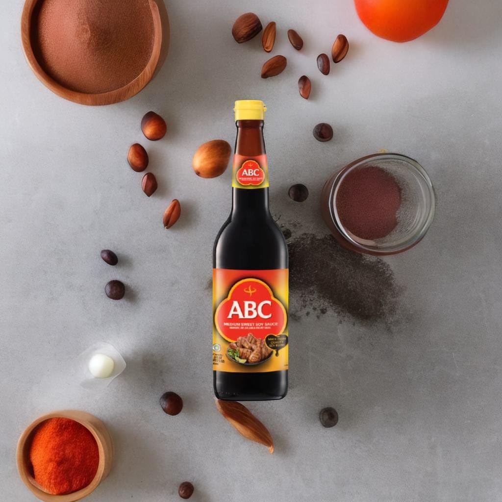 ABC salsa de soja dulce junto a regla y manos para escala, tamaño práctico