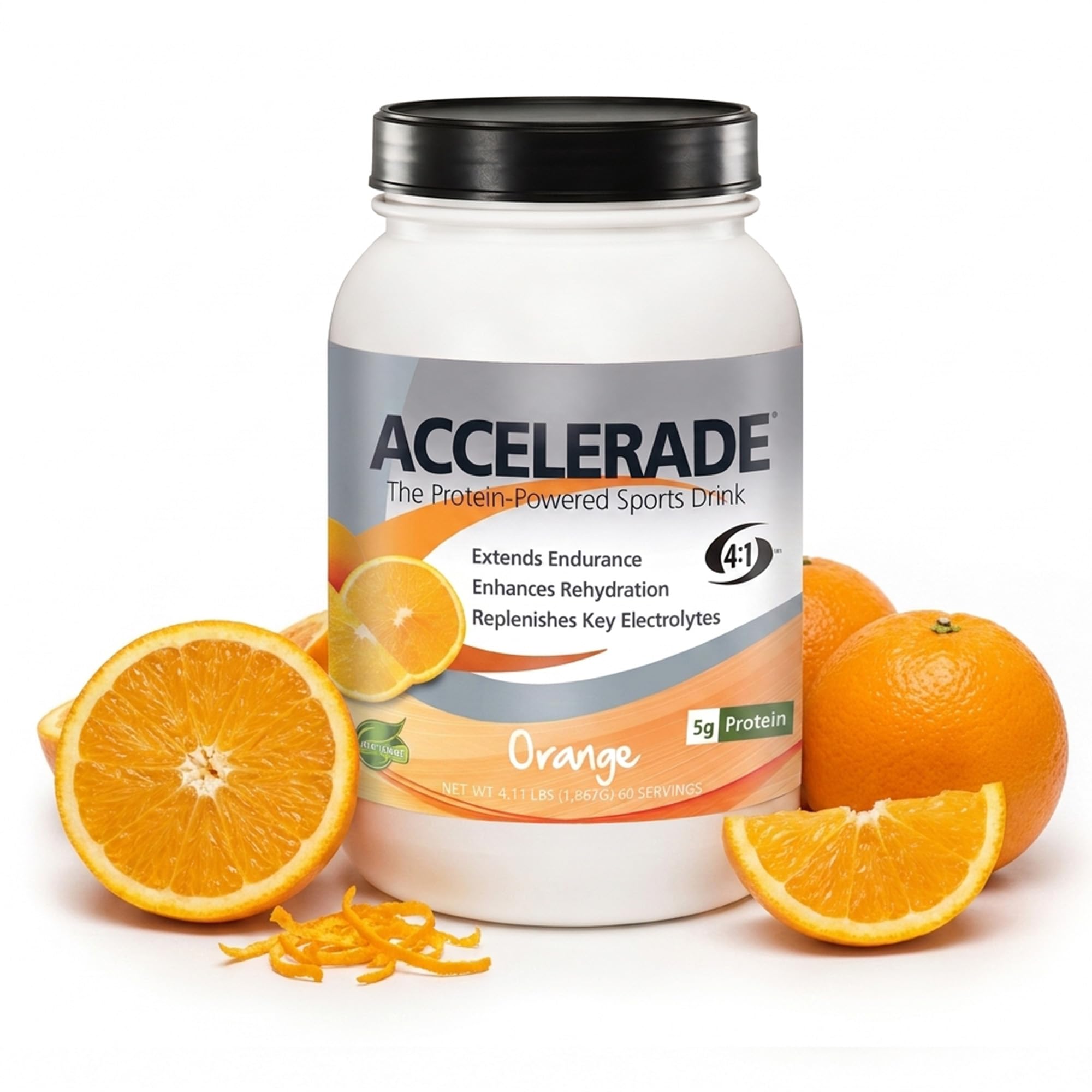 Accelerade envase frontal naranja mostrando porciones y marca para identificación rápida