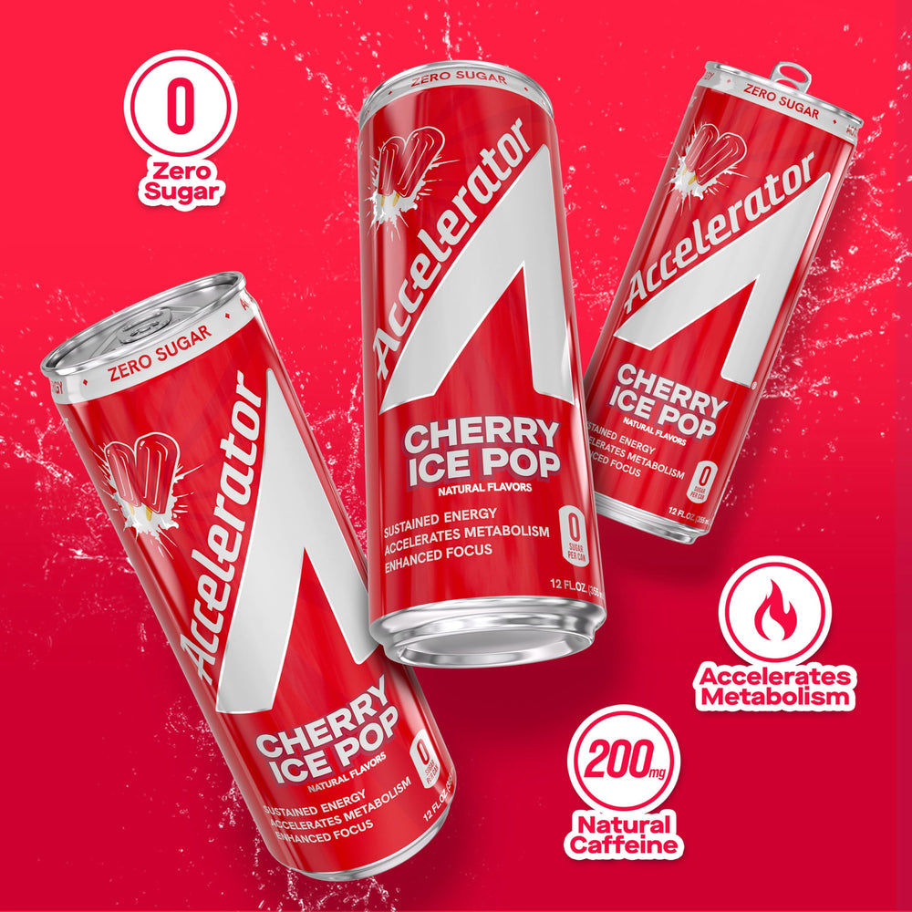 ACCELERATOR lata sobre mesa en ambiente veraniego evocando sabor Cherry Ice Pop