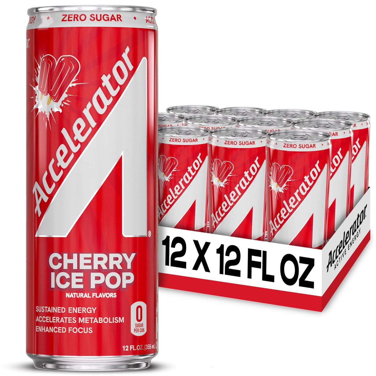 ACCELERATOR lata frontal Cherry Ice Pop mostrando etiqueta y beneficio energizante