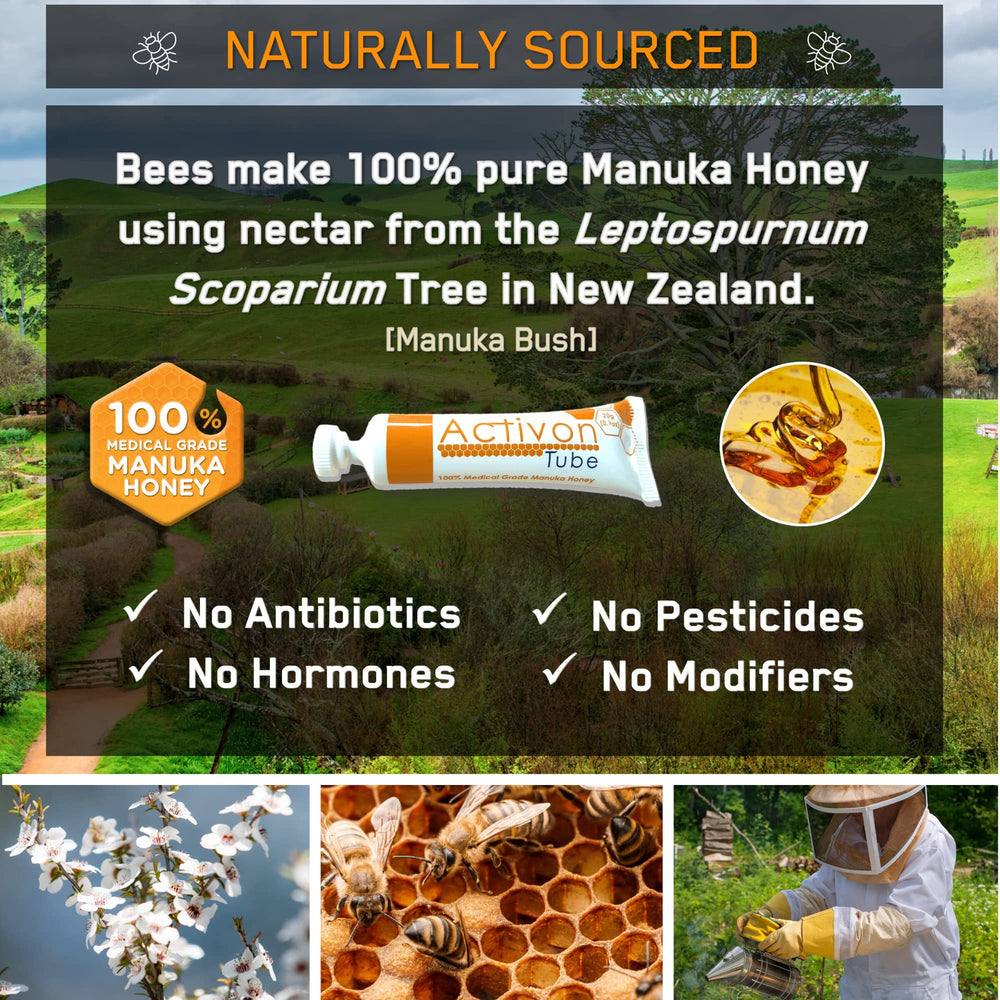 ActivOn etiqueta de ingredientes, muestra 100% manuka sin aditivos