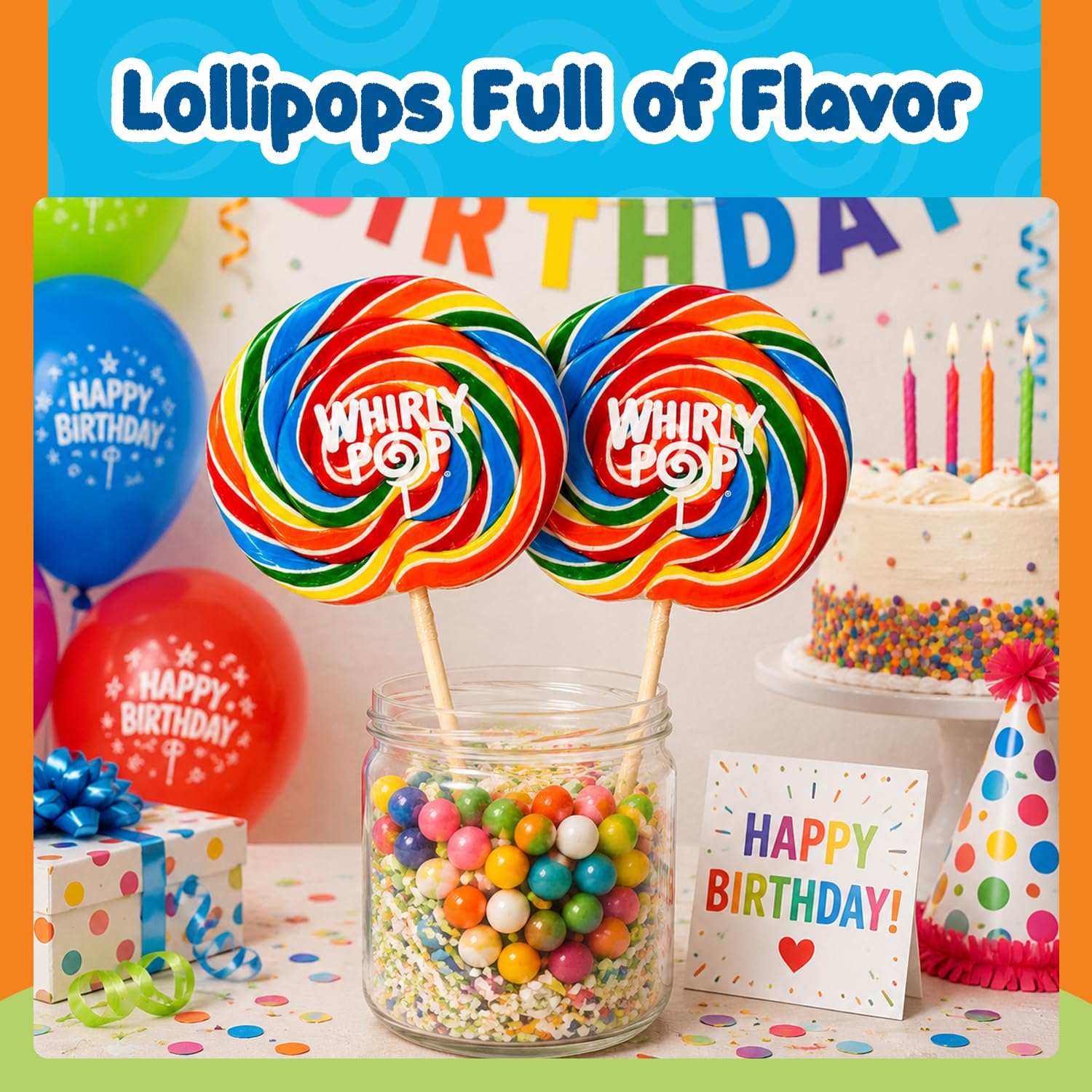 Adams & Brooks Whirly Pop usado como topper de torta, adorno llamativo