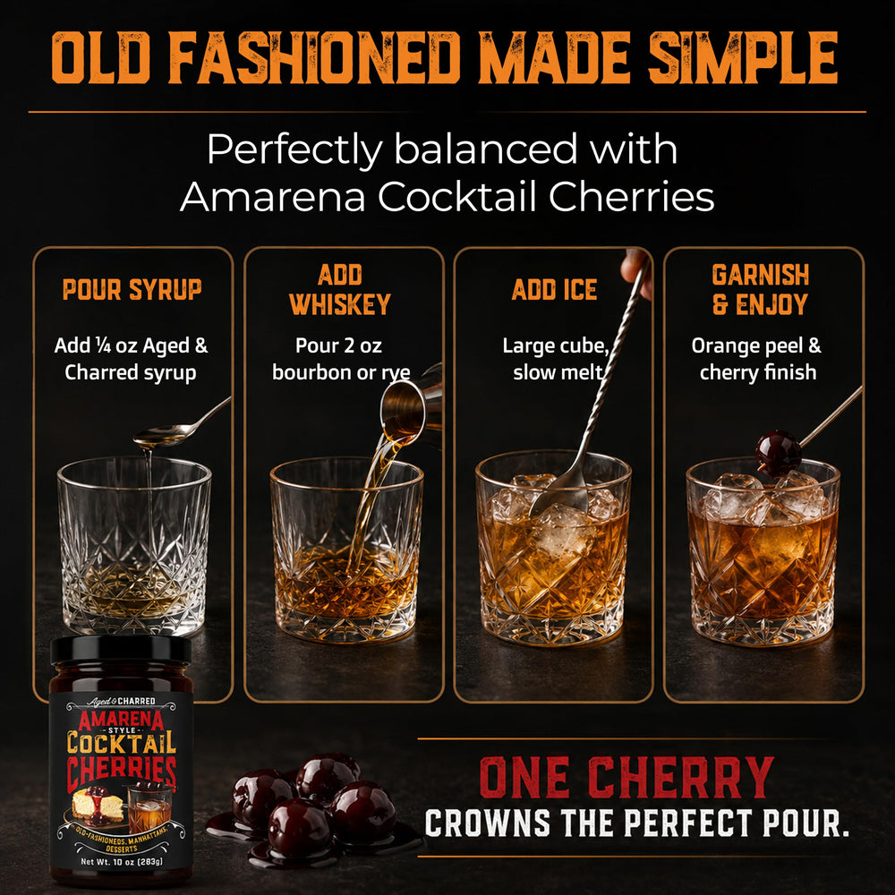 Aged & Charred kit junto a un vaso para comparar tamaño y porciones