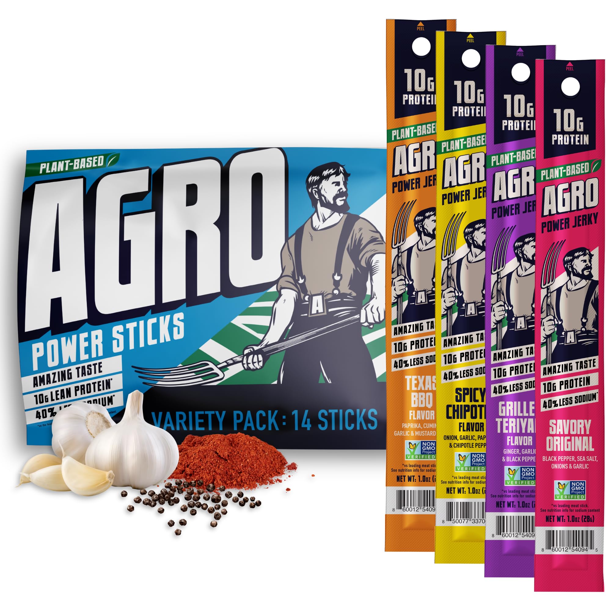 AGRO pack frontal mostrando cuatro sabores y beneficios de proteína