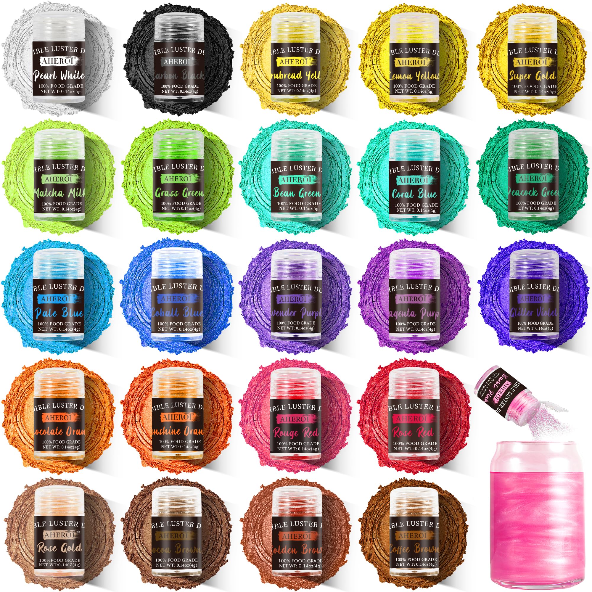 Aheroi vista frontal del set de 24 colores para decorar bebidas y postres