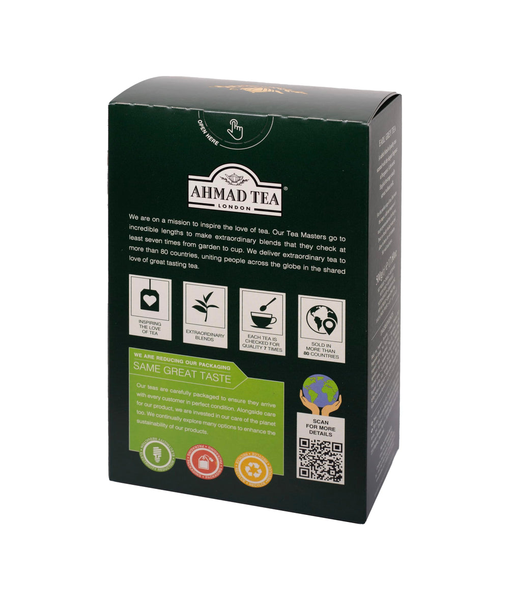 Ahmad Tea detalle de etiqueta con origen y recomendaciones de infusionar