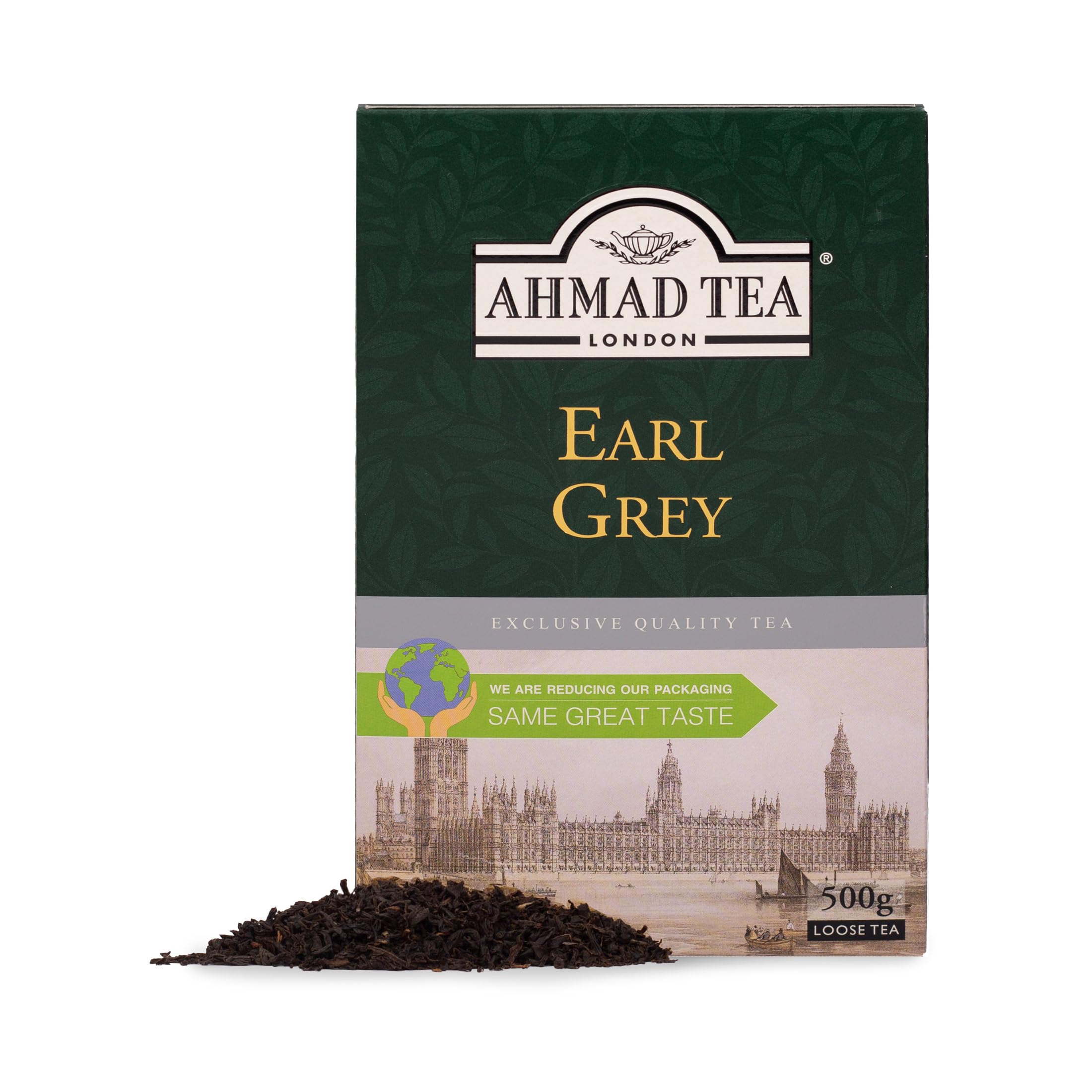 Ahmad Tea hojas sueltas en primer plano, textura y calidad visible