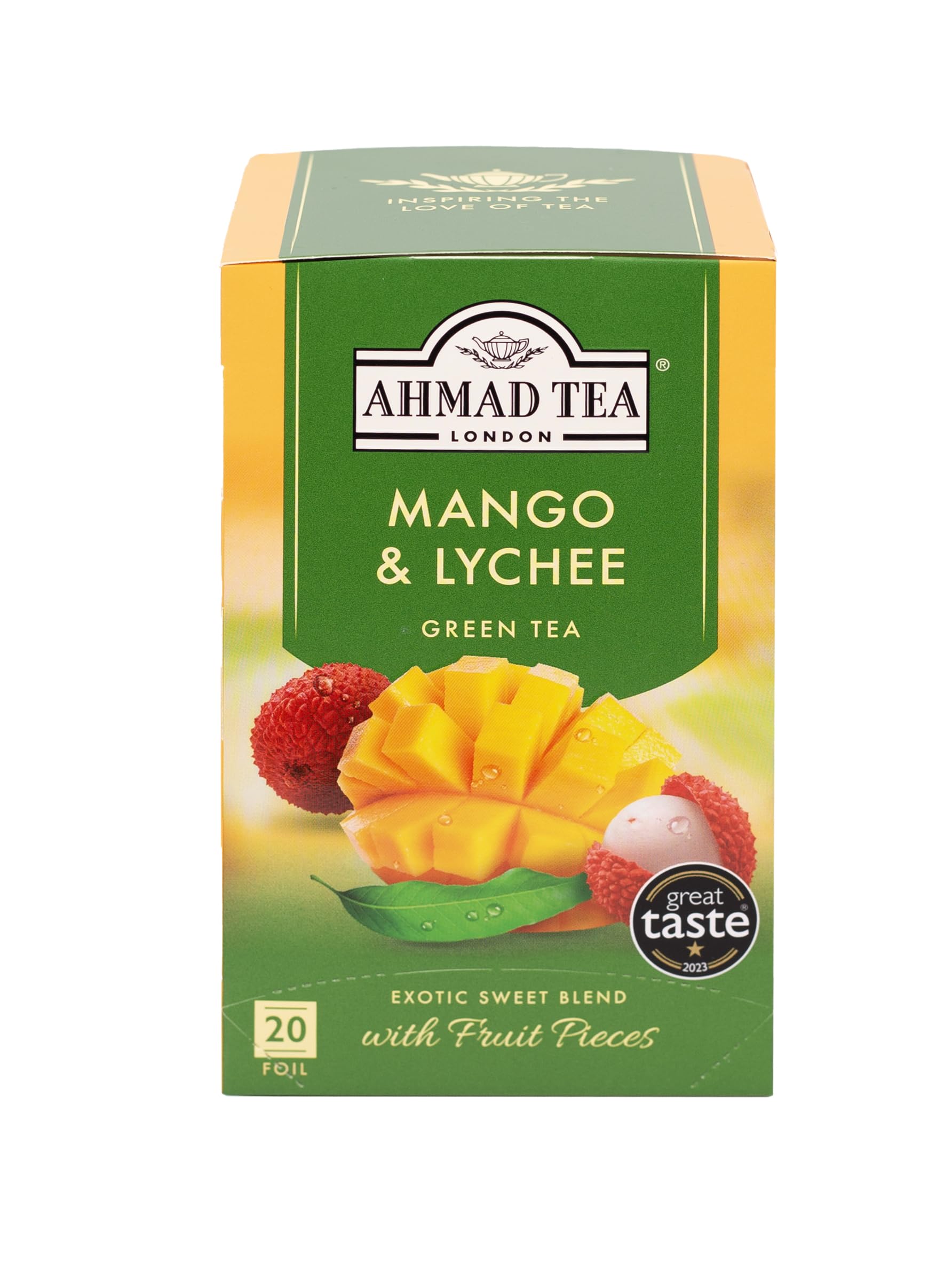 Ahmad Tea vista frontal del pack que resalta aroma tropical