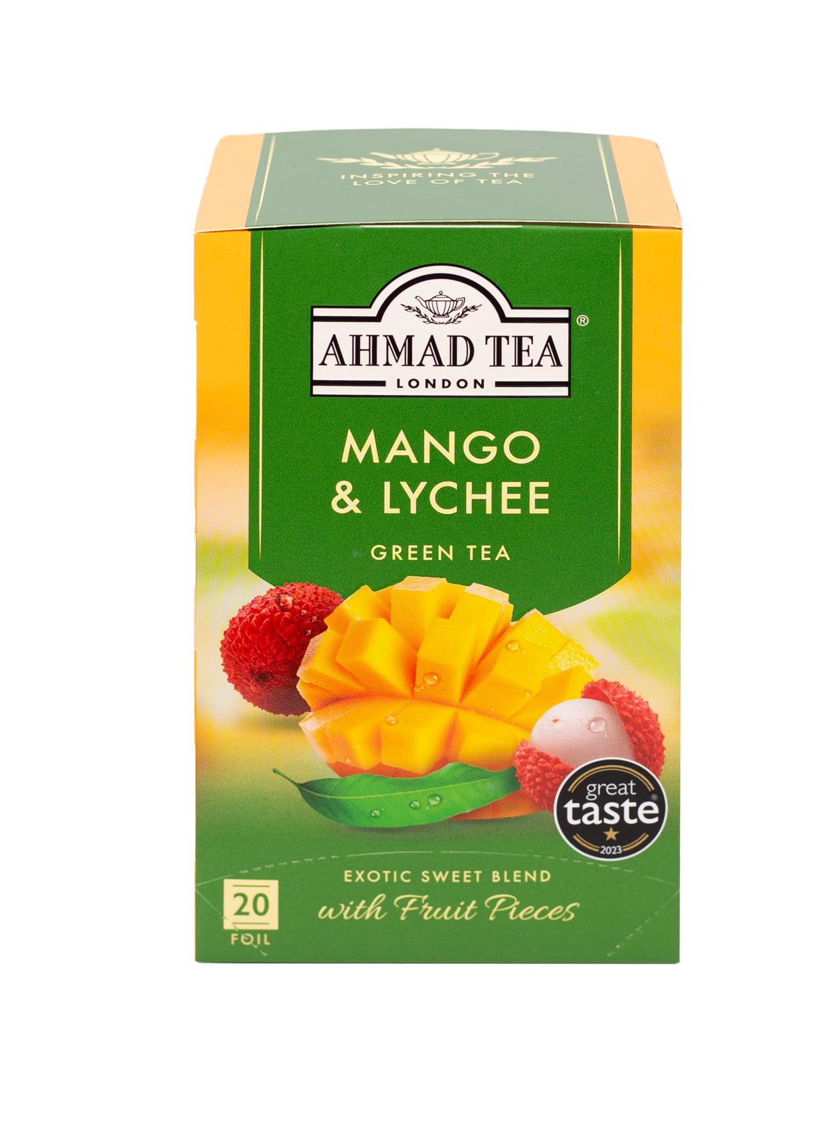 Ahmad Tea vista frontal del pack que resalta aroma tropical