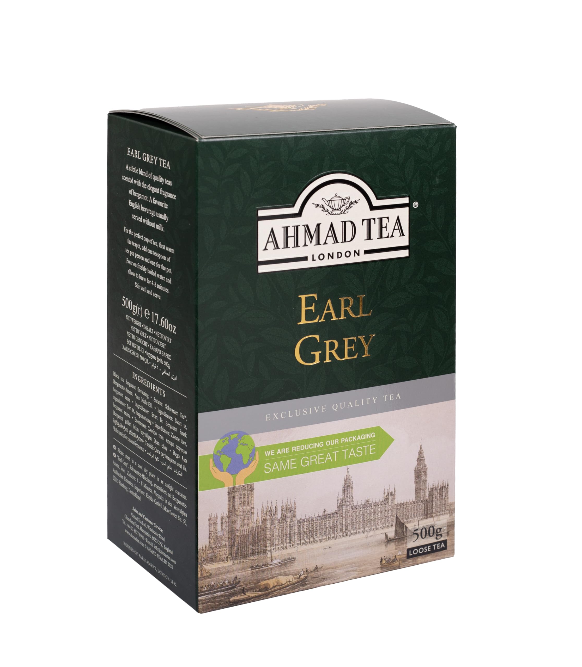 Ahmad Tea taza servida con vapor, aroma cítrico listo para beber