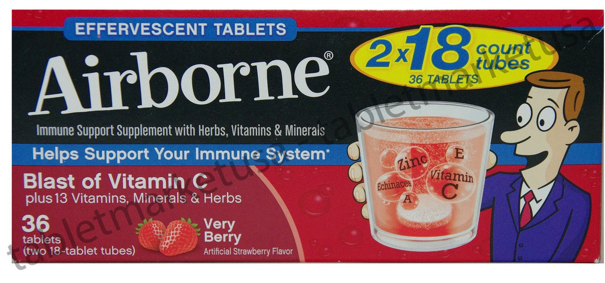 Airborne envase frontal Very Berry mostrando 36 tabletas y etiqueta clara