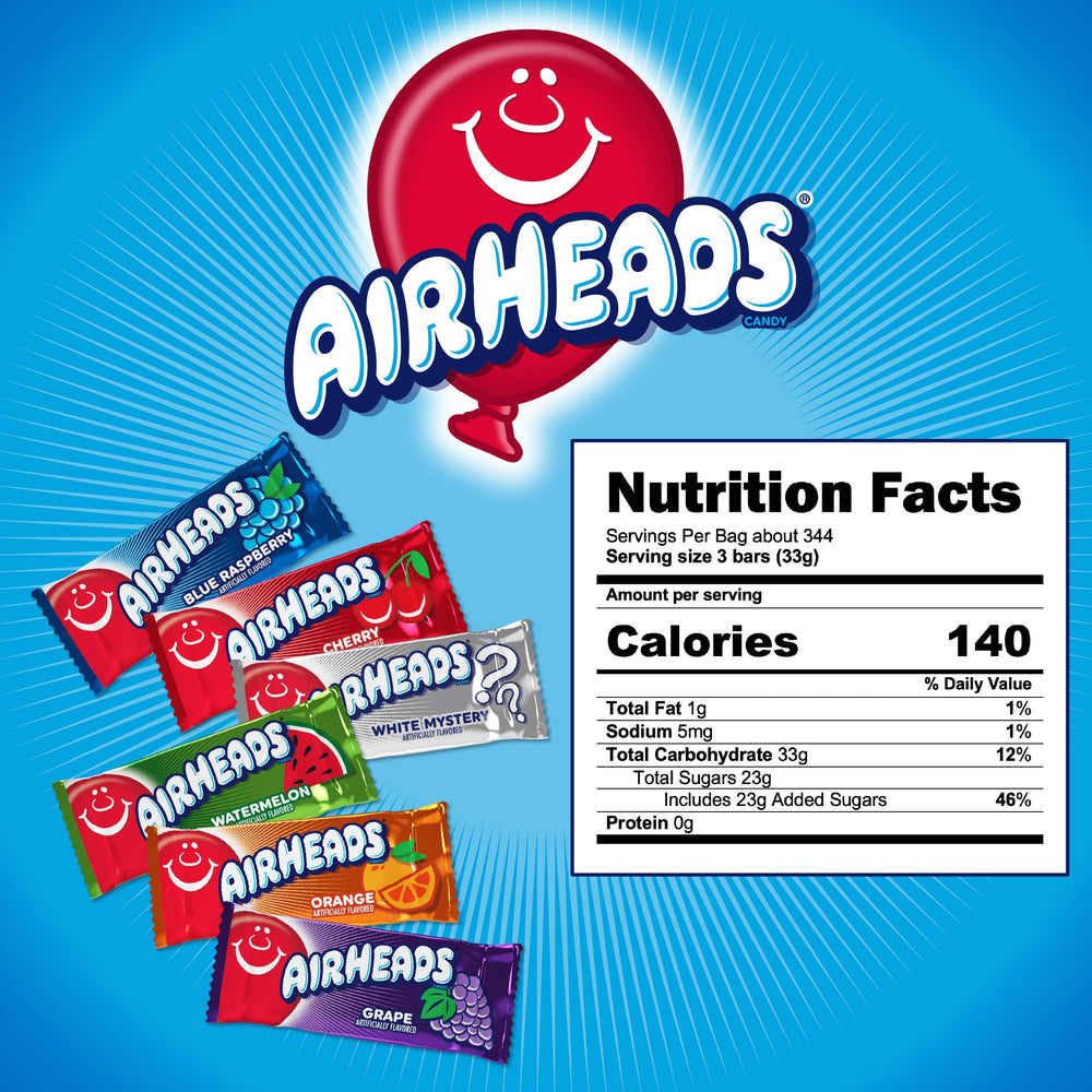 Airheads etiqueta con información nutricional y certificados visibles