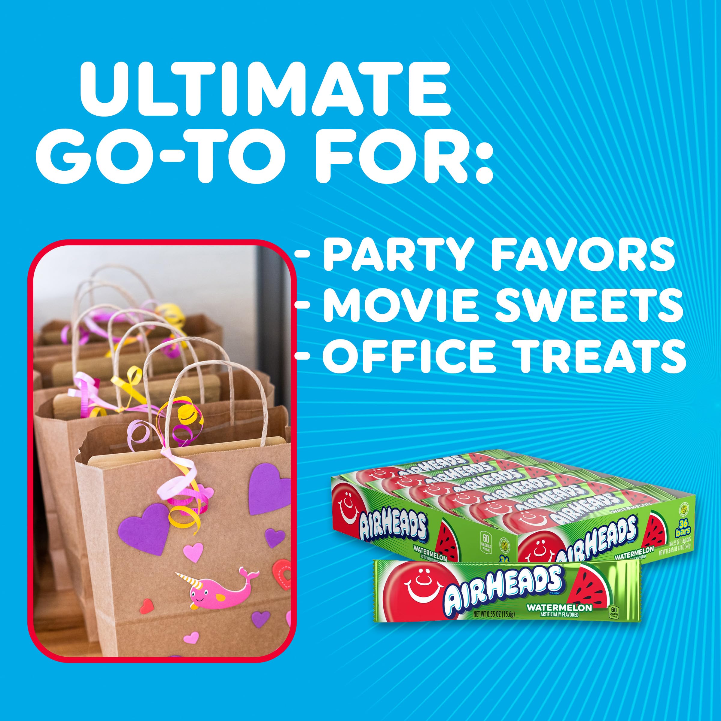 Bol para fiesta lleno de Airheads Watermelon listo para repartir en evento