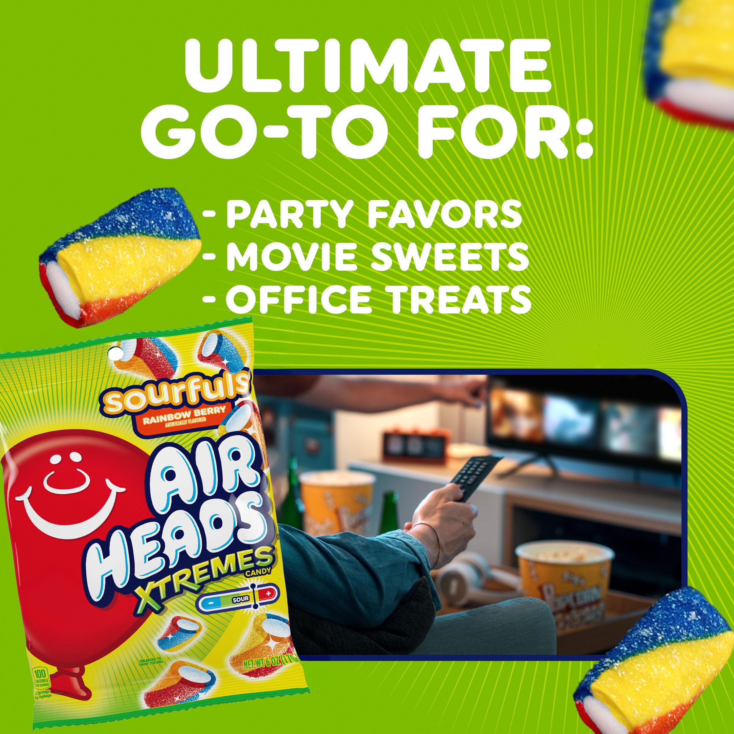 Airheads presentación en vajilla colorida para mesa de postres festiva