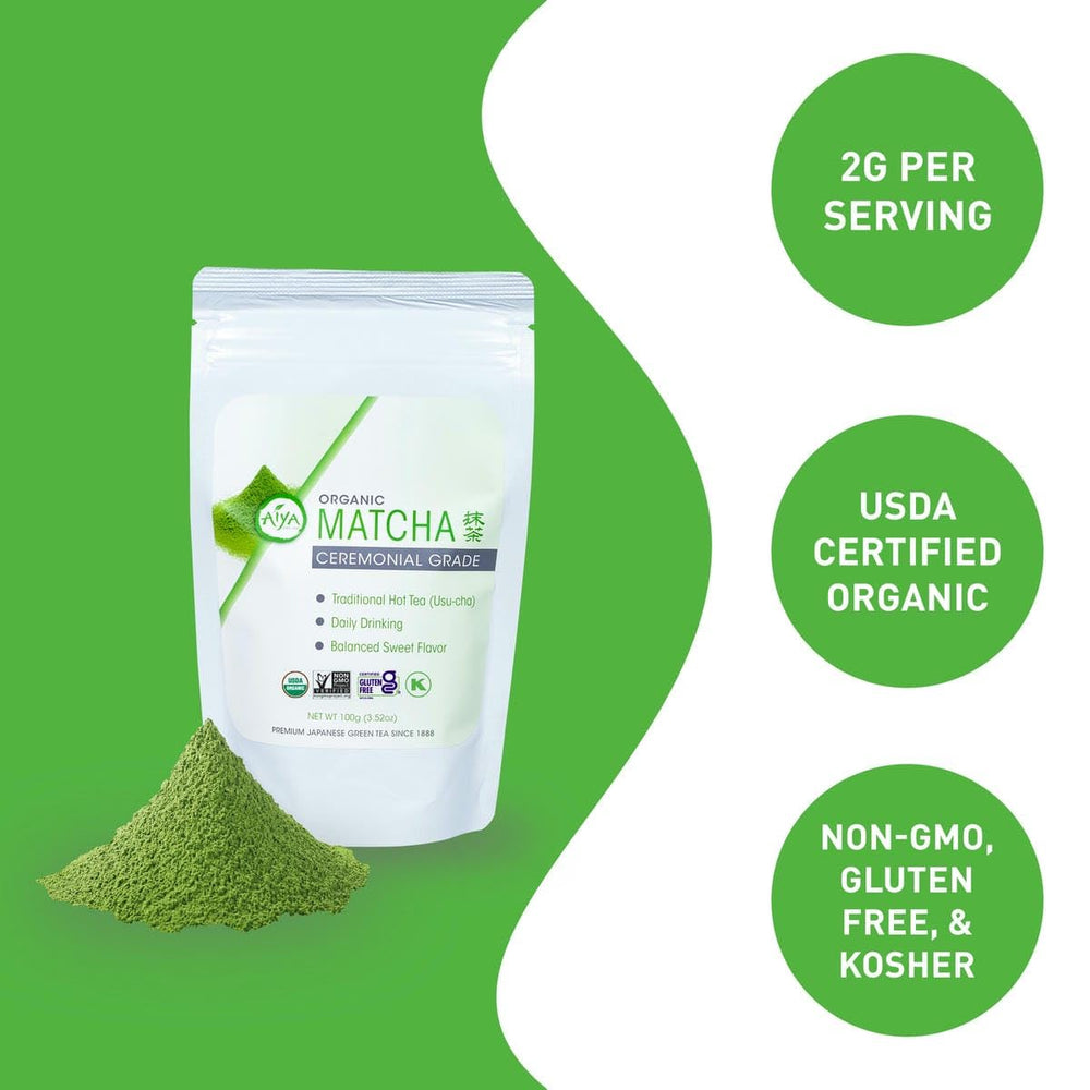 AIYA SINCE 1888 polvo de matcha en primer plano, textura fina y fácil disolución