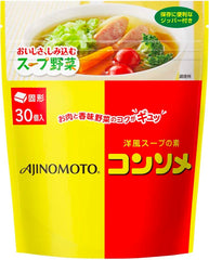 Ajinomoto Consomme frente del paquete mostrando 30 piezas y conveniencia