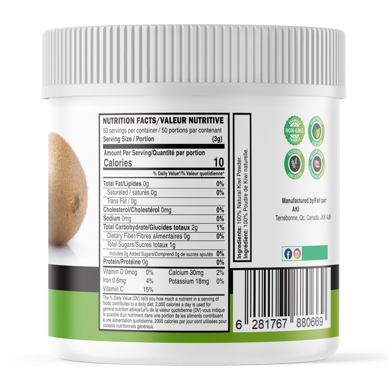 AKI ORGANIC kiwis frescos y polvo juntos muestran origen y autenticidad