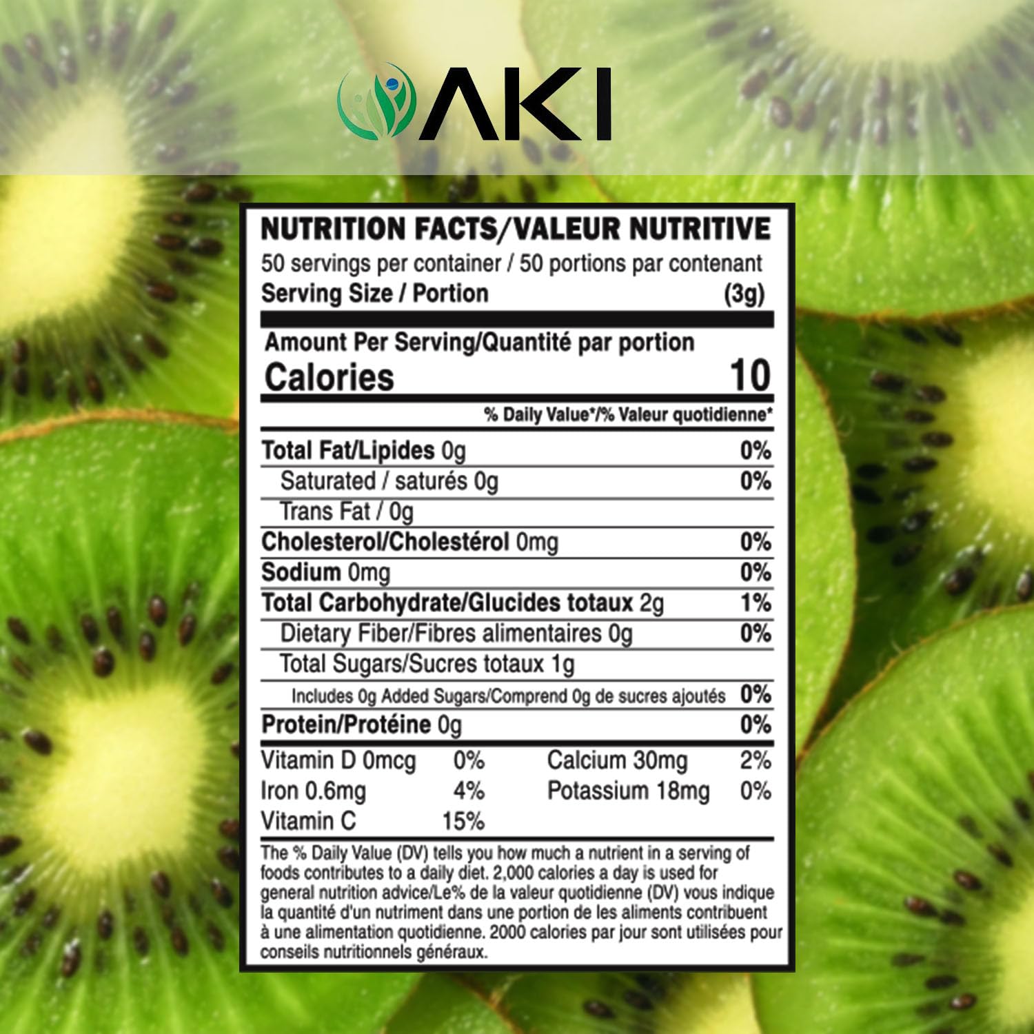 AKI ORGANIC textura del polvo de kiwi en primer plano para fácil disolución