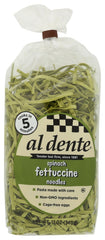 AL DENTE paquete frontal de fettuccine de espinaca mostrando presentación y frescura
