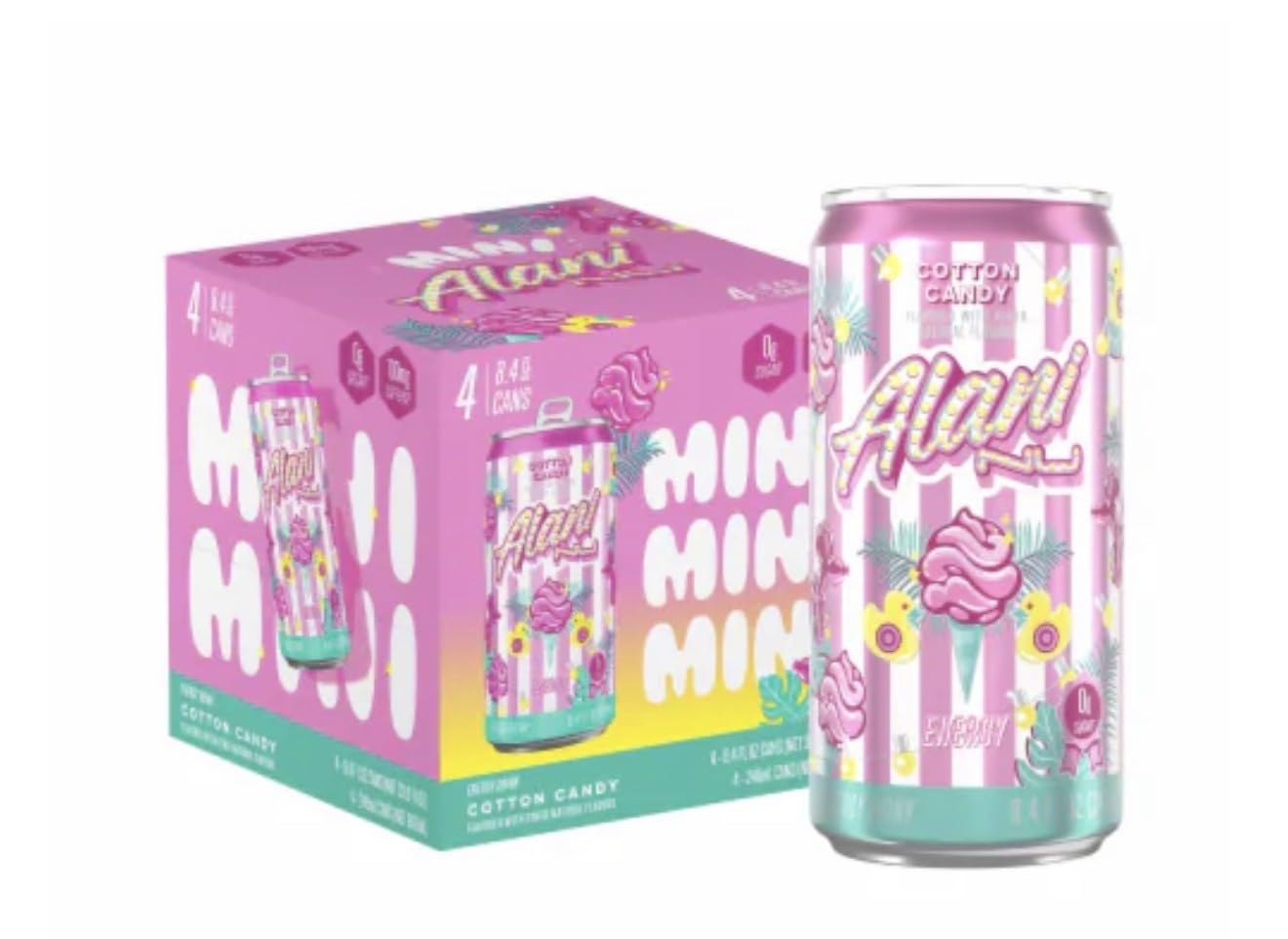 Alani lata Cotton Candy frente del pack muestra diseño llamativo y conveniencia