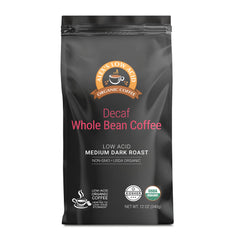 Alex's Low Acid Organic Coffee frente del empaque mostrando sello orgánico y beneficio baja acidez