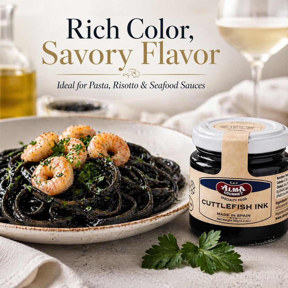 Alma Gourmet en plato de pasta negra, aporta color profundo y sabor marino