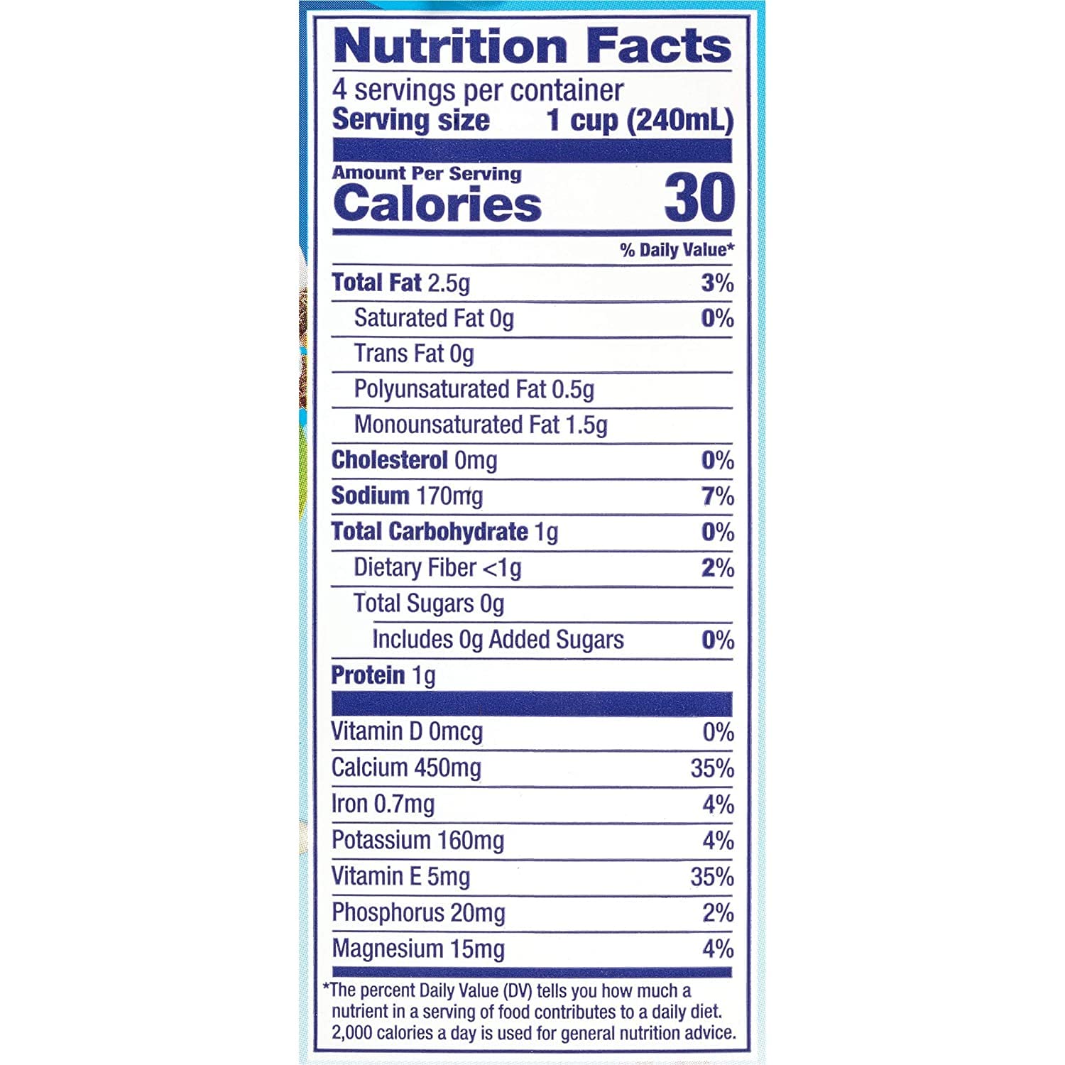 Almond Breeze etiqueta sin azúcar y vitaminas destacando beneficios nutricionales