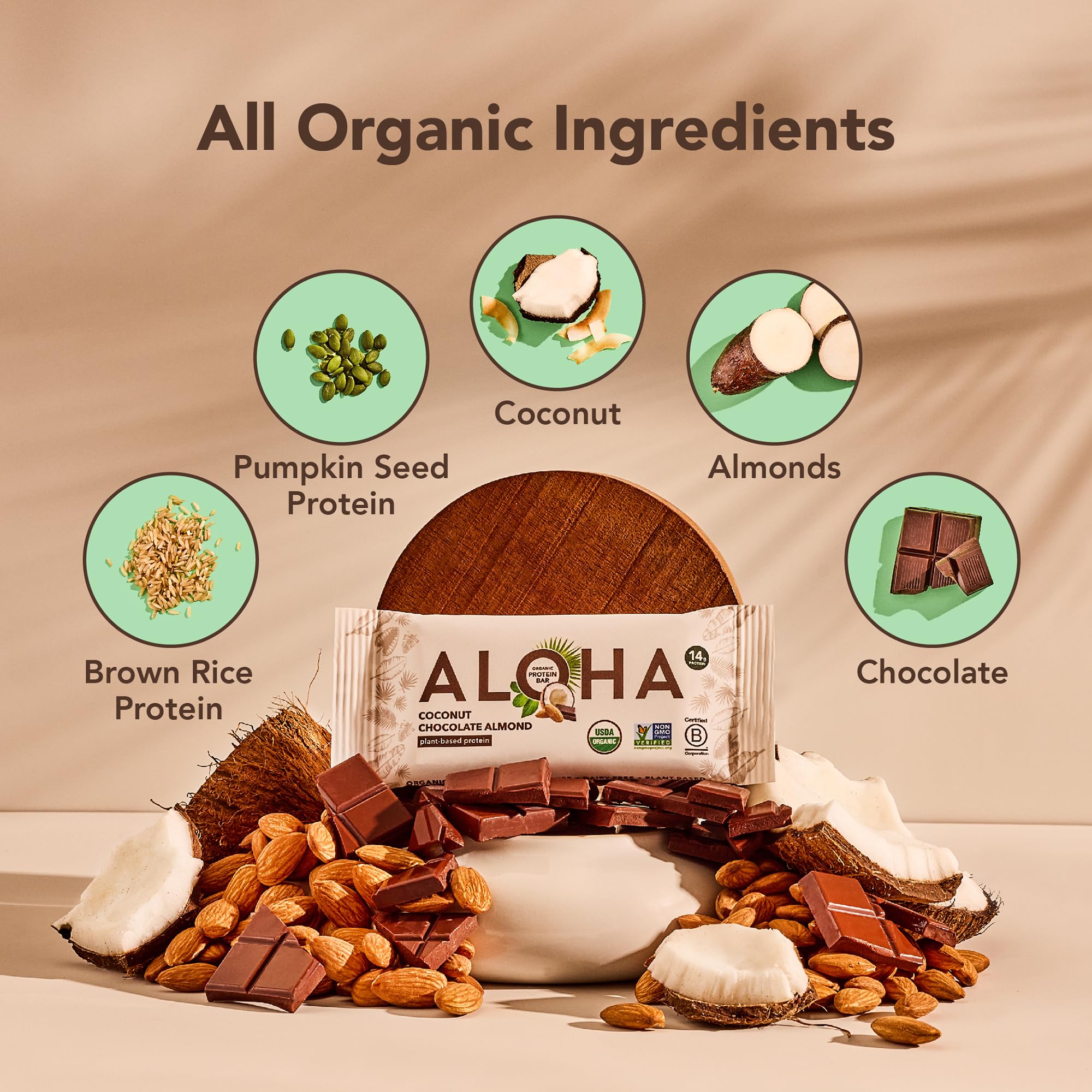 ALOHA primeros planos de ingredientes integrales orgánicos enfatizan calidad y naturalidad
