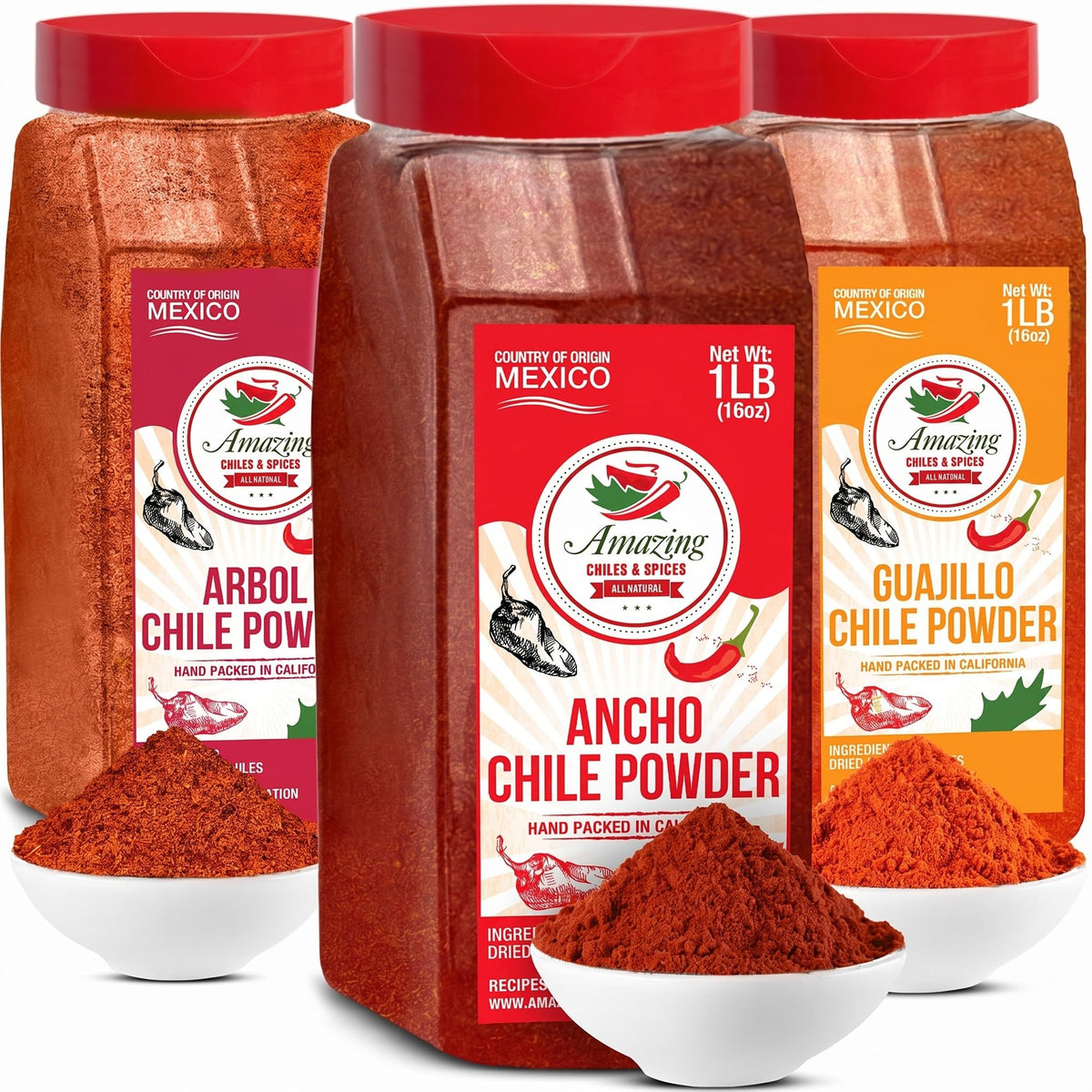 Amazing Chiles & Spices vista frontal del pack con tres bolsas 16 oz mostrando presentación