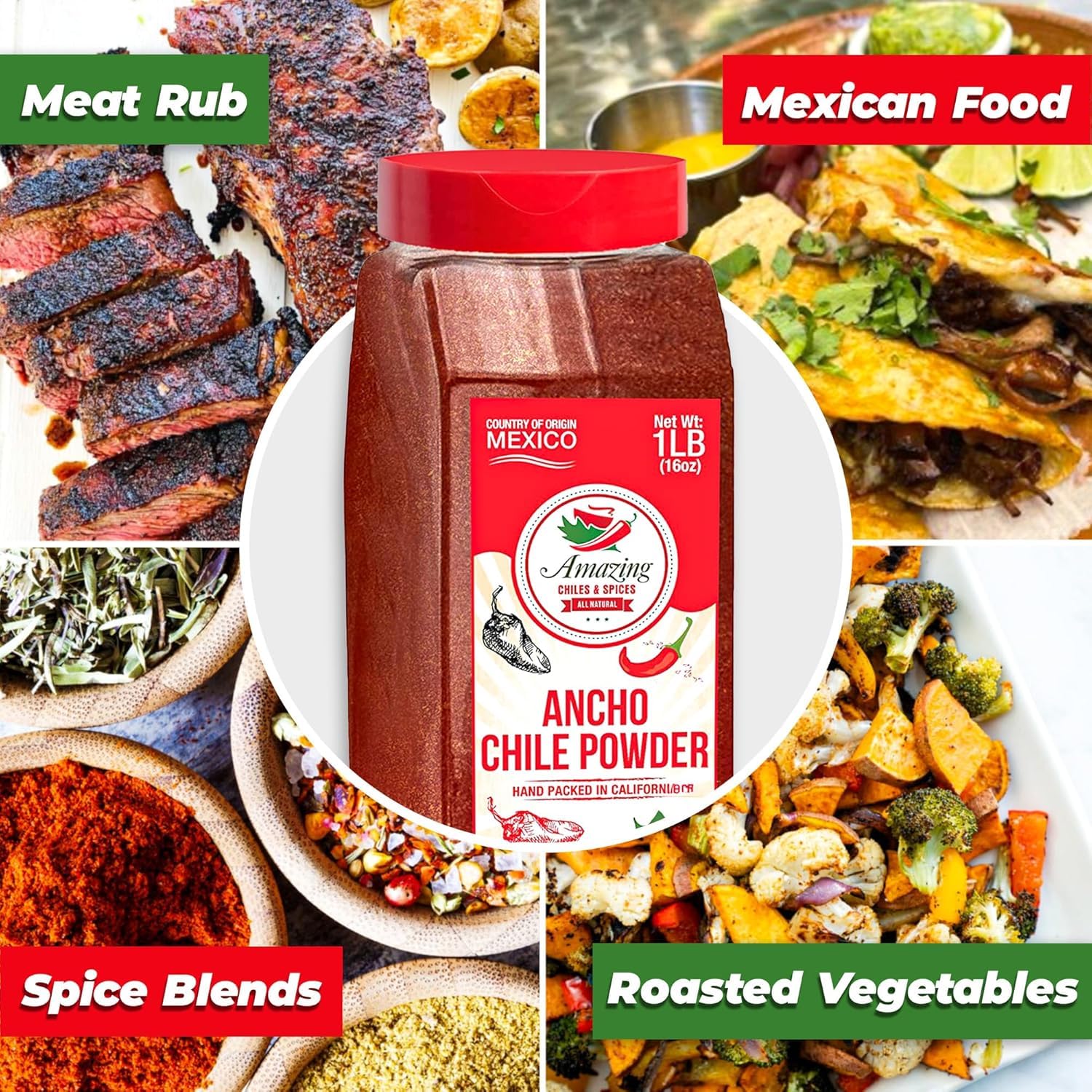 Amazing Chiles & Spices primer plano polvo de Ancho mostrando textura y color intenso