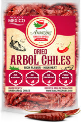 Amazing Chiles & Spices paquete frontal de chiles de árbol mostrando peso 1LB y beneficio de sabor auténtico