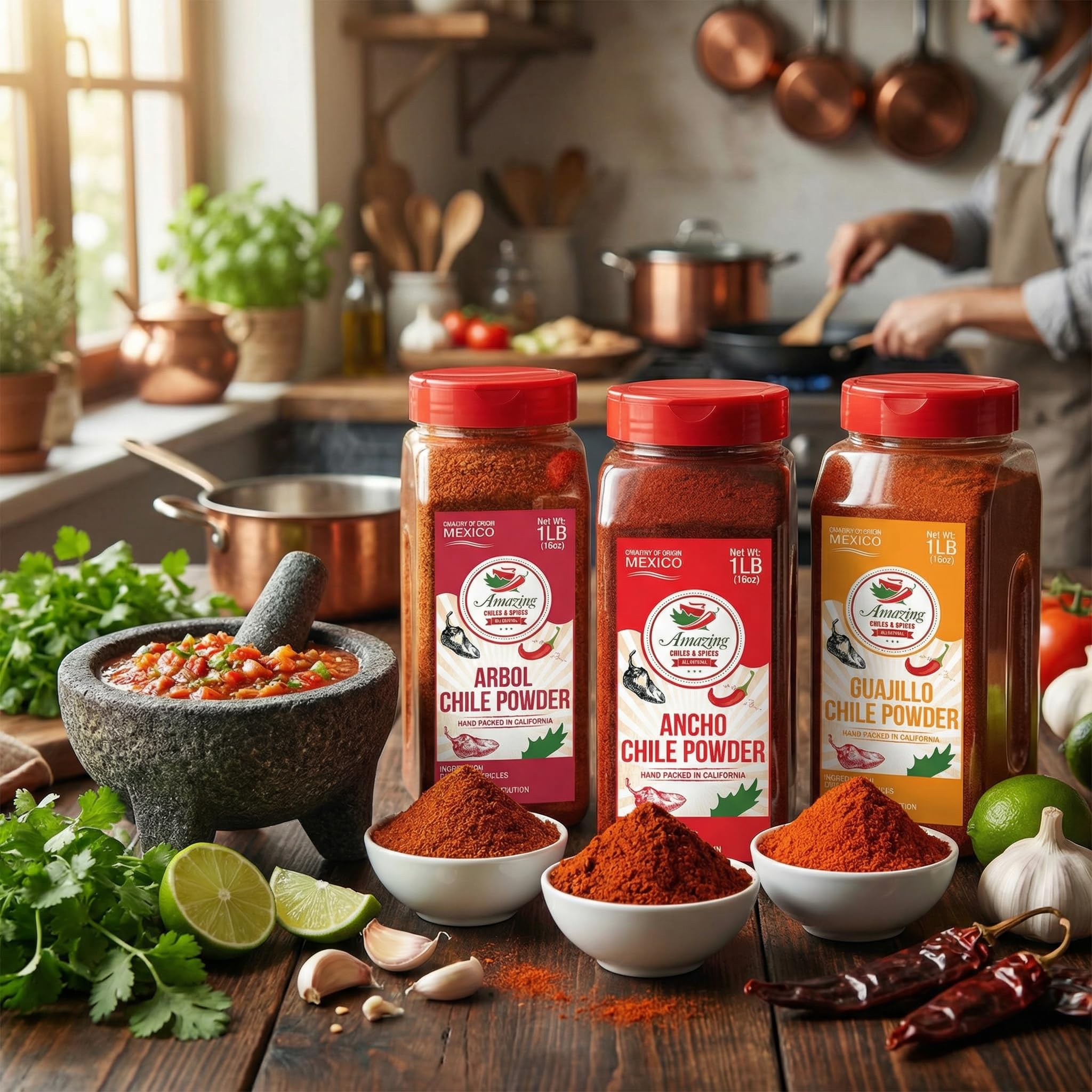 Amazing Chiles & Spices mano sosteniendo bolsa de 16 oz para referencia de tamaño