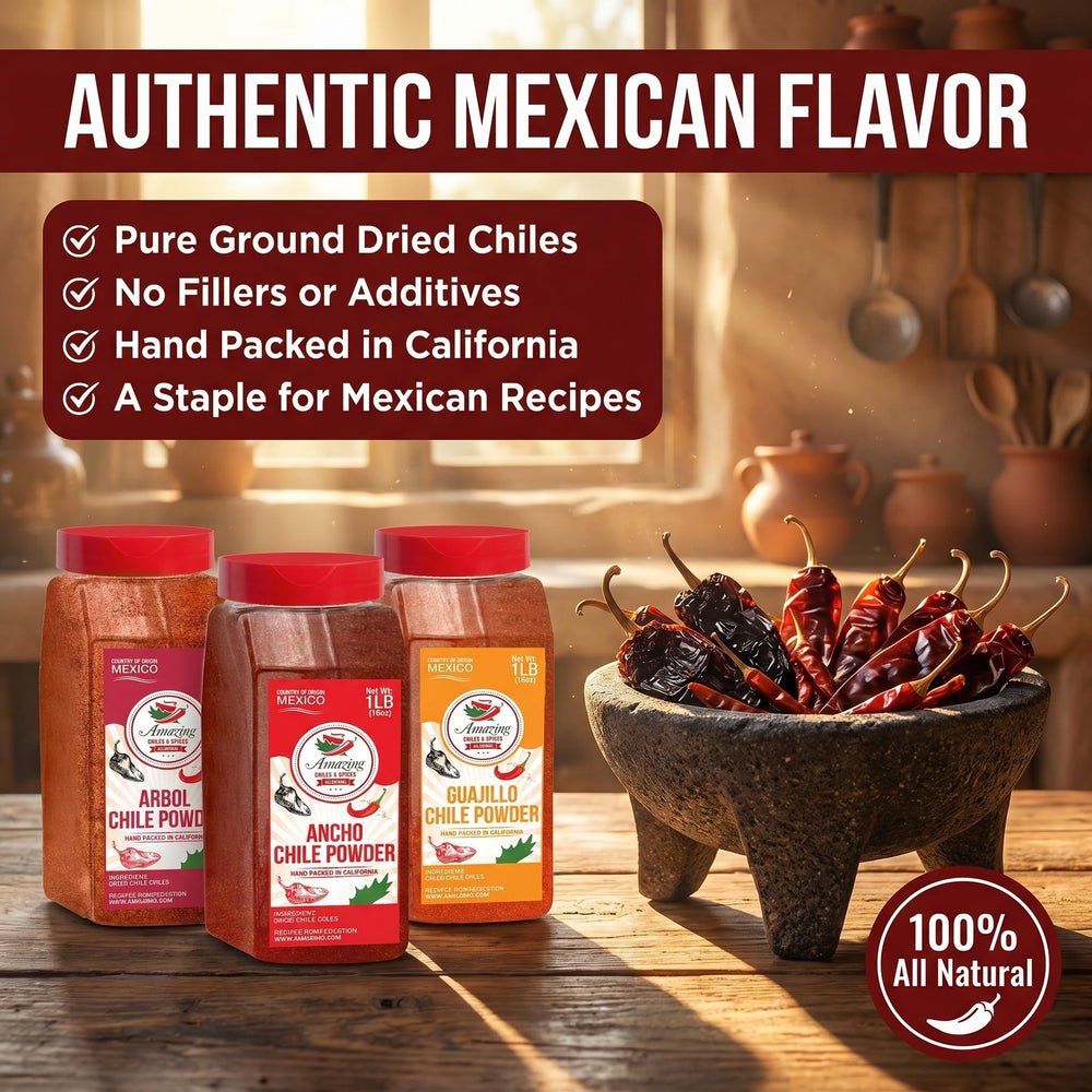 Amazing Chiles & Spices las tres bolsas abiertas sobre mesa destacando variedad y volumen