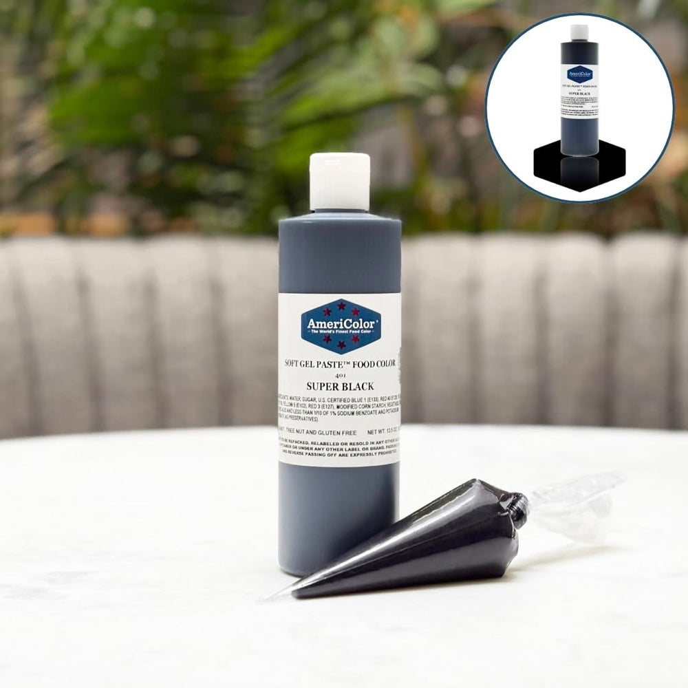 AmeriColor Super Black textura del gel en primer plano para mezcla rápida y uniforme