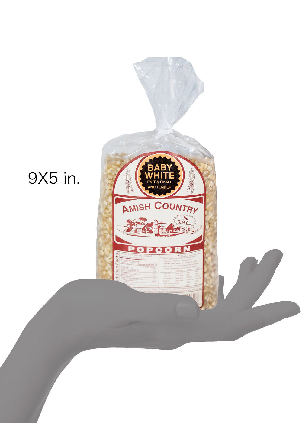 Amish Country Popcorn mano mostrando tamaño de los granos y control de porciones