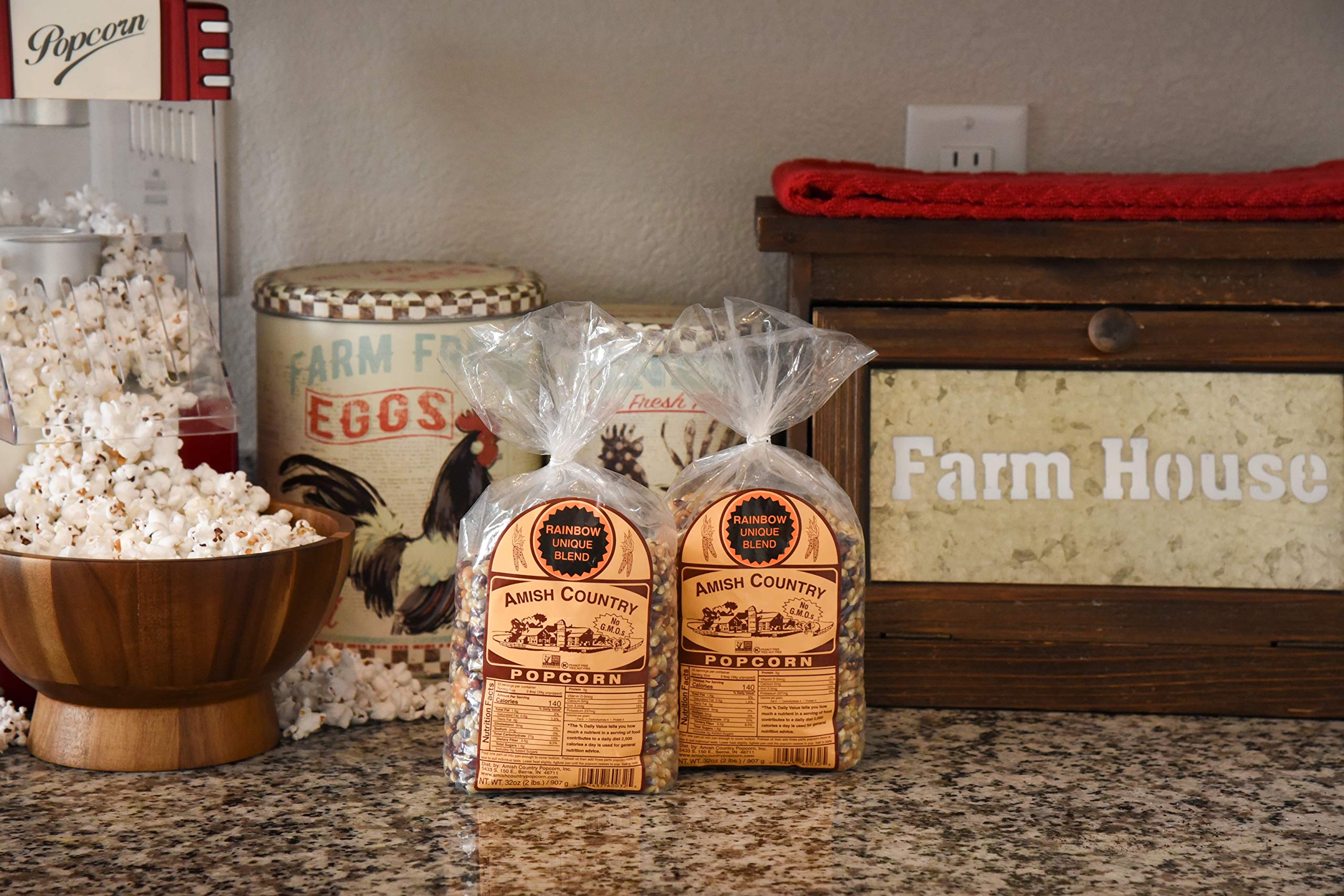 Amish Country Popcorn comparación de tamaño de bolsa y porciones aproximadas