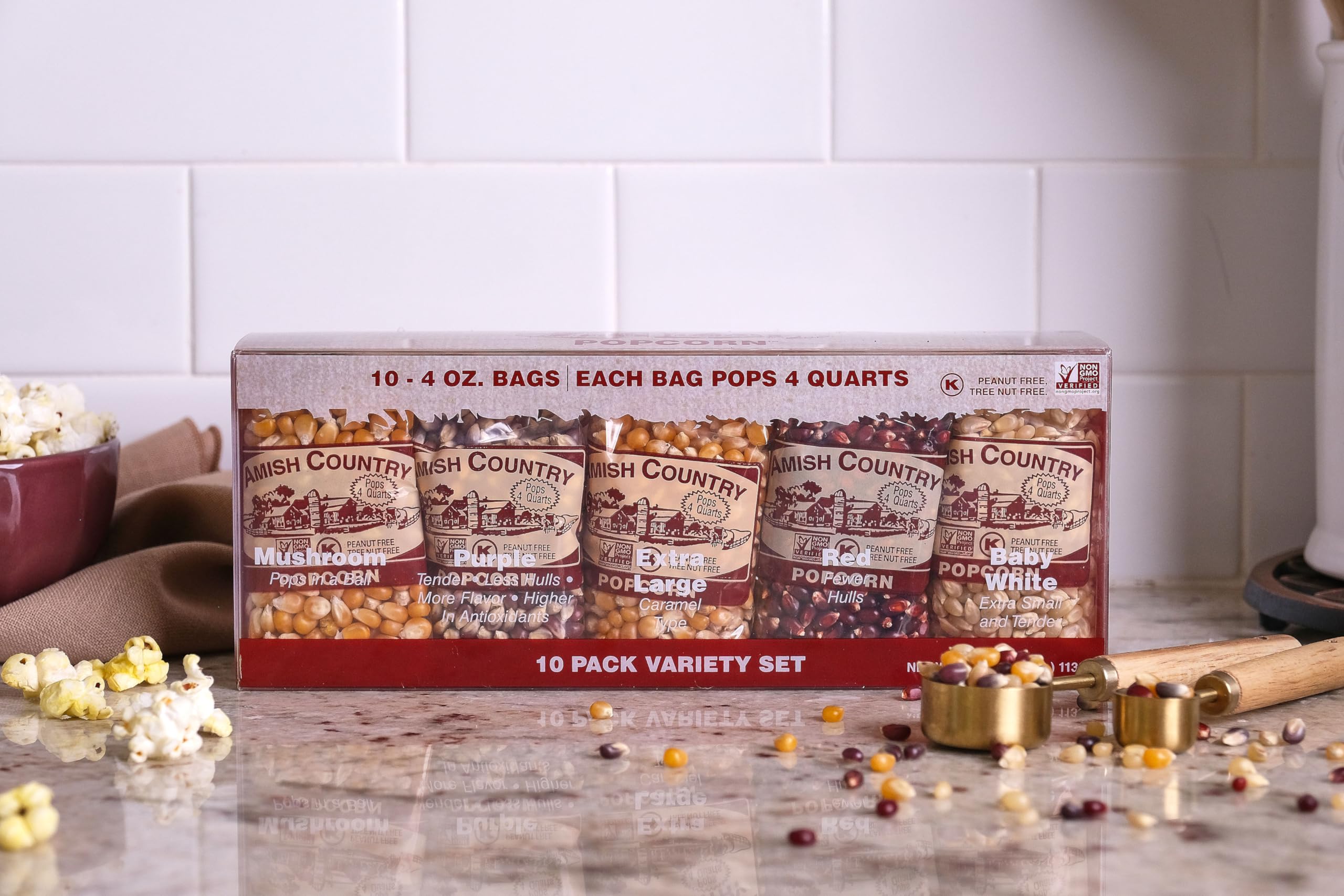 Amish Country Popcorn etiqueta legible con información Non-GMO y sin gluten
