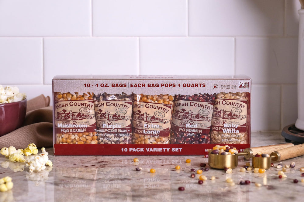 Amish Country Popcorn etiqueta legible con información Non-GMO y sin gluten