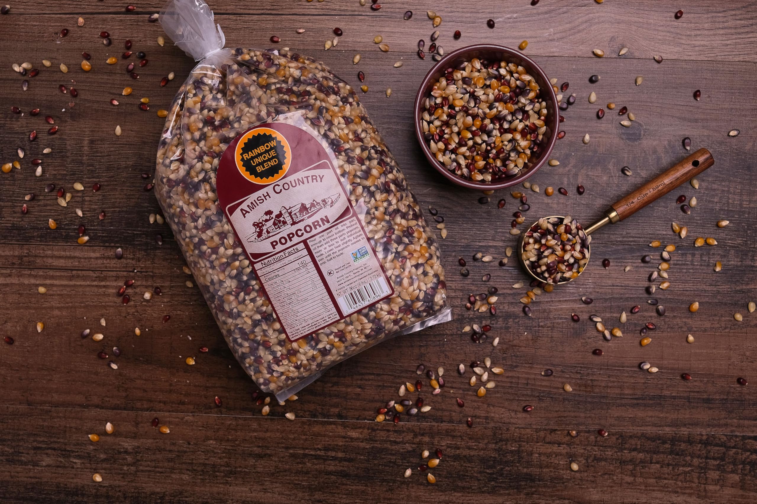 Amish Country Popcorn granos multicolor detalle, variedad visual y calidad