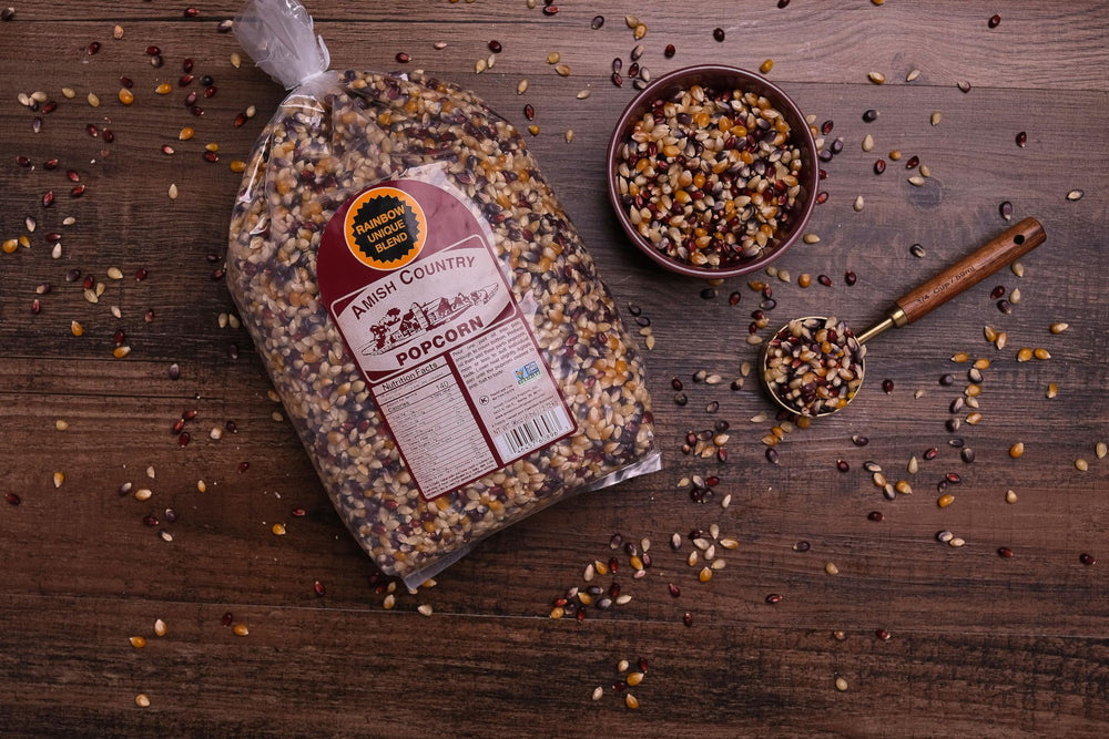 Amish Country Popcorn granos multicolor detalle, variedad visual y calidad