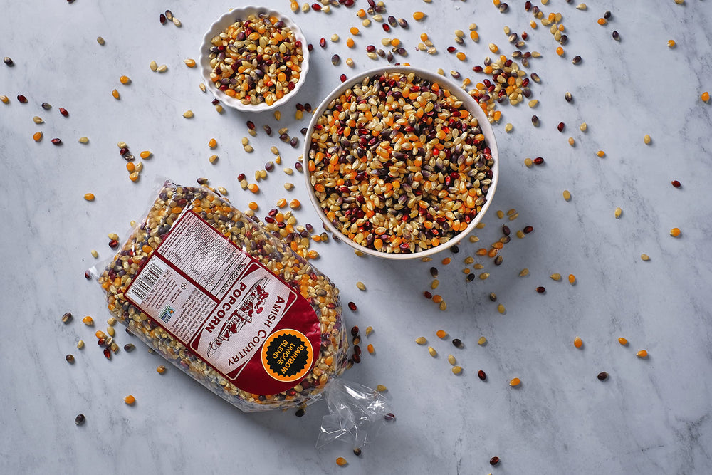Amish Country Popcorn etiqueta Non-GMO y Gluten Free para confianza