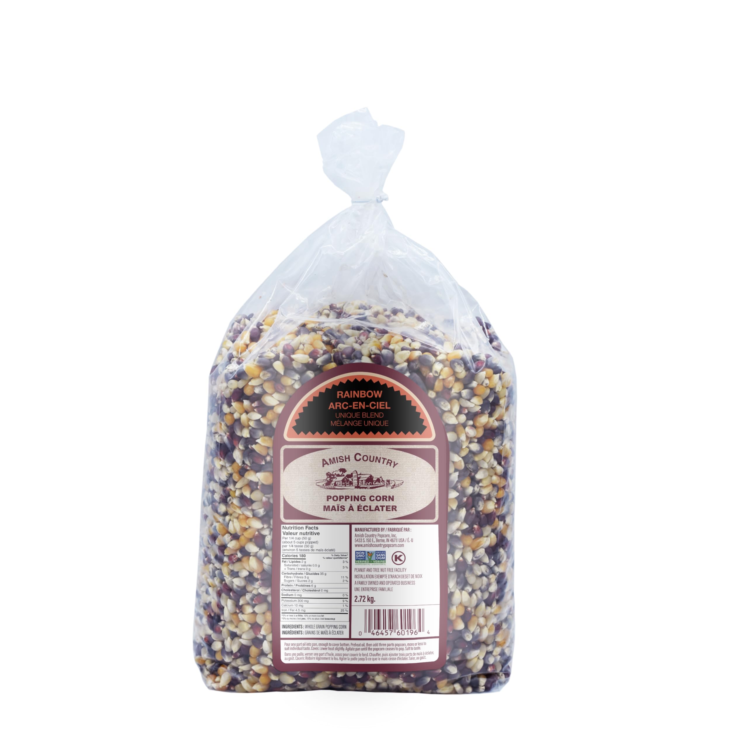 Amish Country Popcorn saco frente mostrando 6 lb y colores llamativos